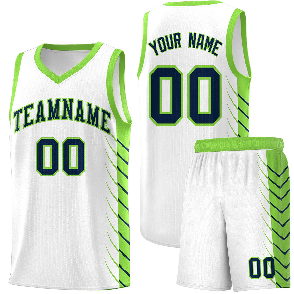 Custom White Fluorescent Green Personalized Side Symmetrical Line Pattern Sports Uniform Basketball Jersey
