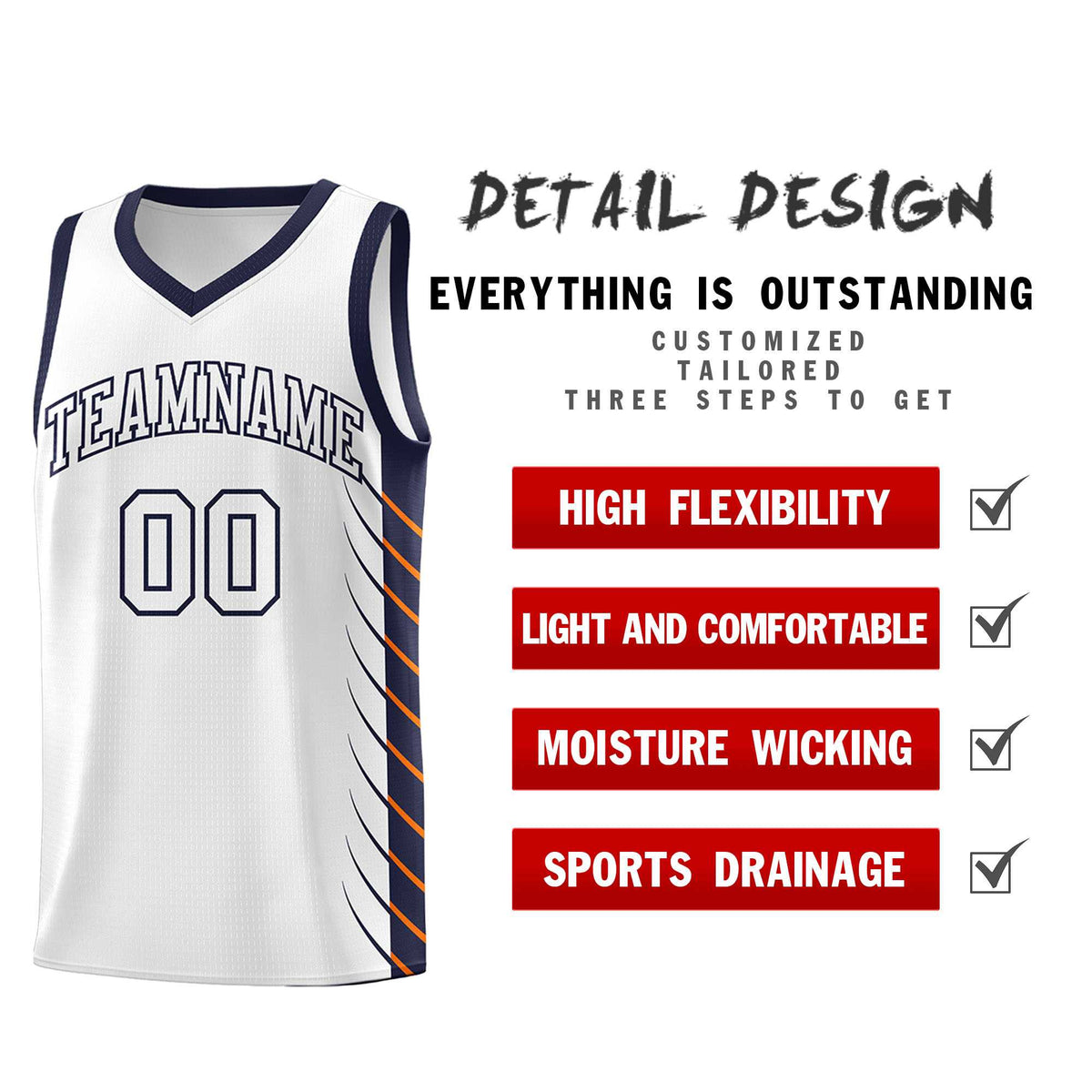 Custom White Navy Personalized Side Symmetrical Line Pattern Sports Uniform Basketball Jersey