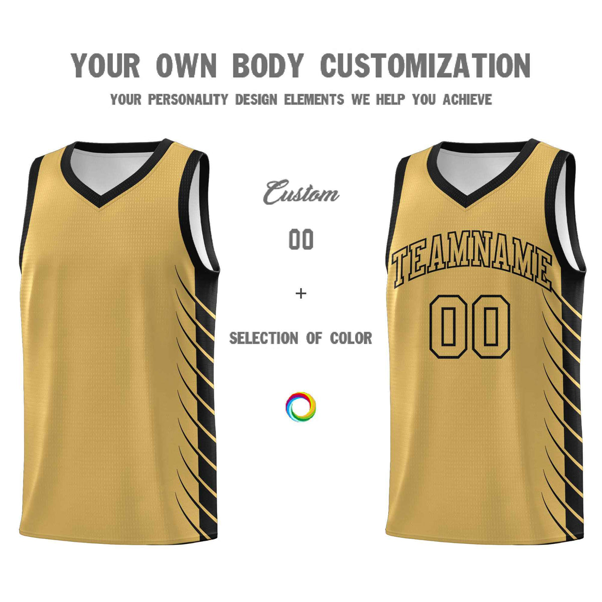 Custom Old Gold Black Personalized Side Symmetrical Line Pattern Sports Uniform Basketball Jersey