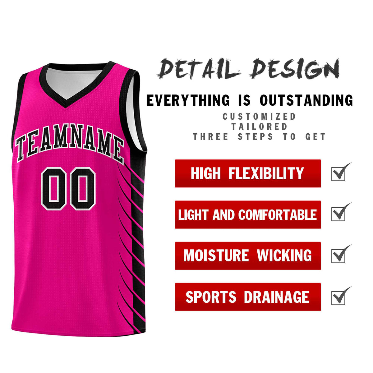 Custom Pink Black Personalized Side Symmetrical Line Pattern Sports Uniform Basketball Jersey