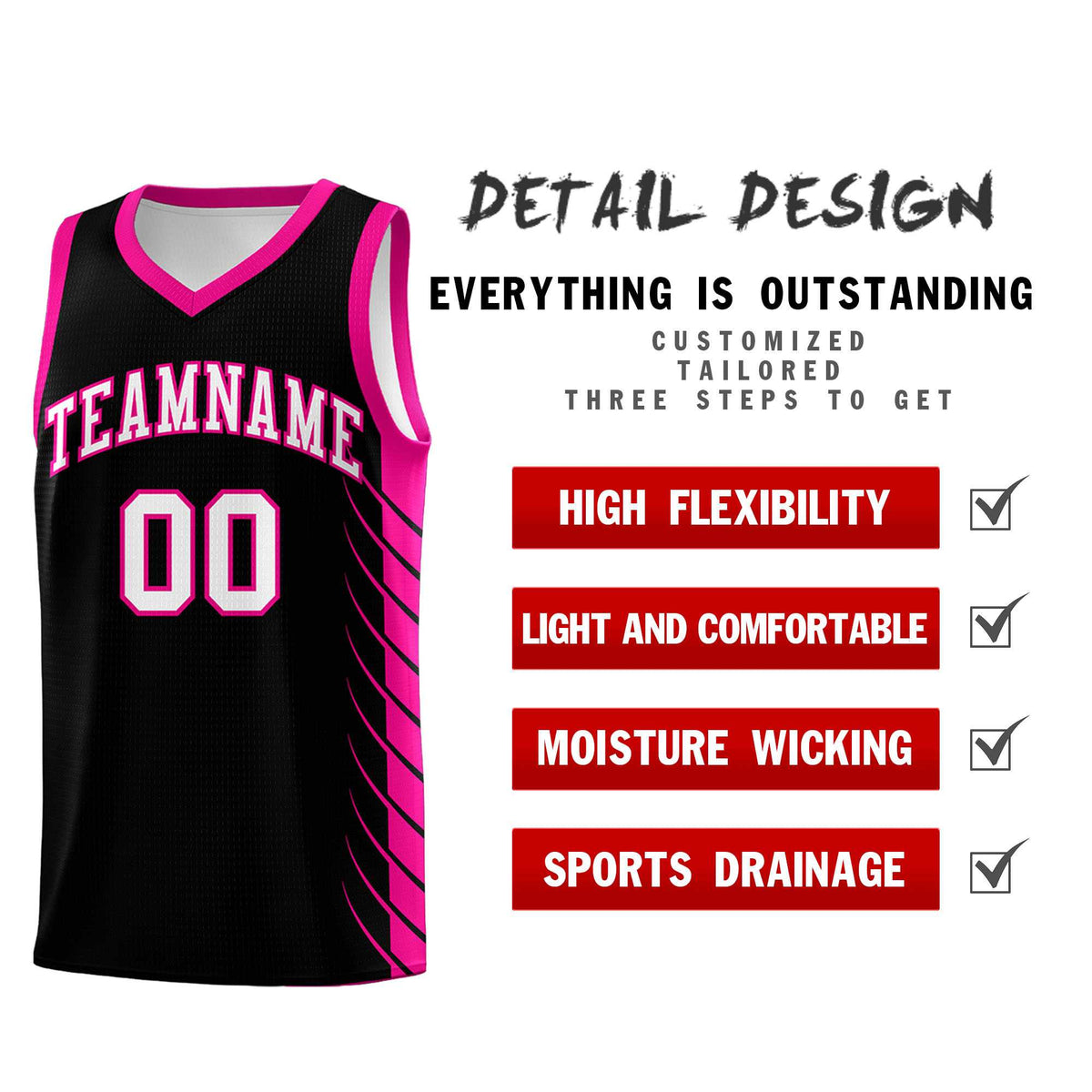 Custom Black Pink Personalized Side Symmetrical Line Pattern Sports Uniform Basketball Jersey