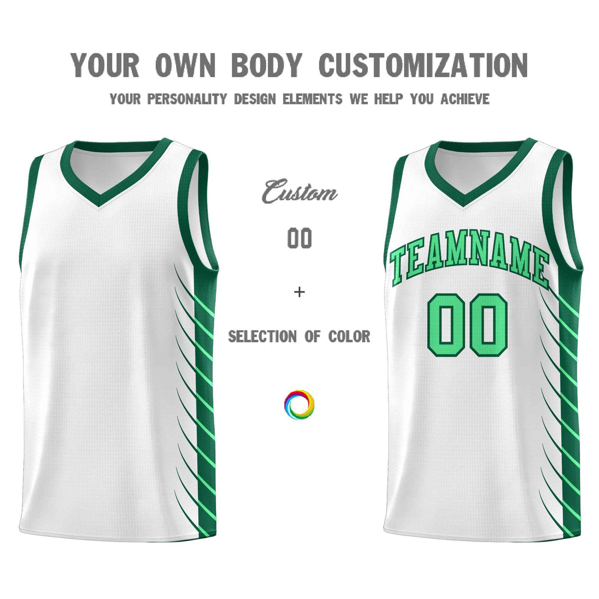 Custom White Kelly Green Personalized Side Symmetrical Line Pattern Sports Uniform Basketball Jersey