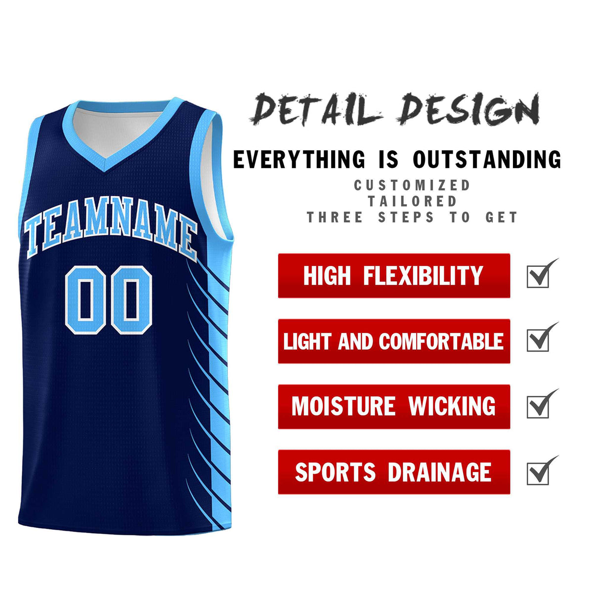 Custom Navy Powder Blue Personalized Side Symmetrical Line Pattern Sports Uniform Basketball Jersey