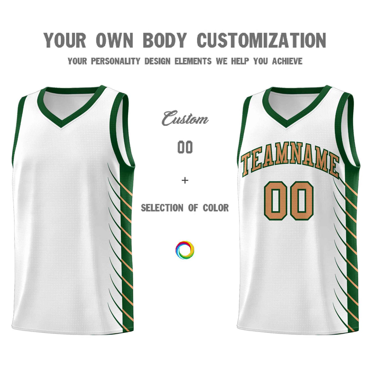 Custom White Green Personalized Side Symmetrical Line Pattern Sports Uniform Basketball Jersey