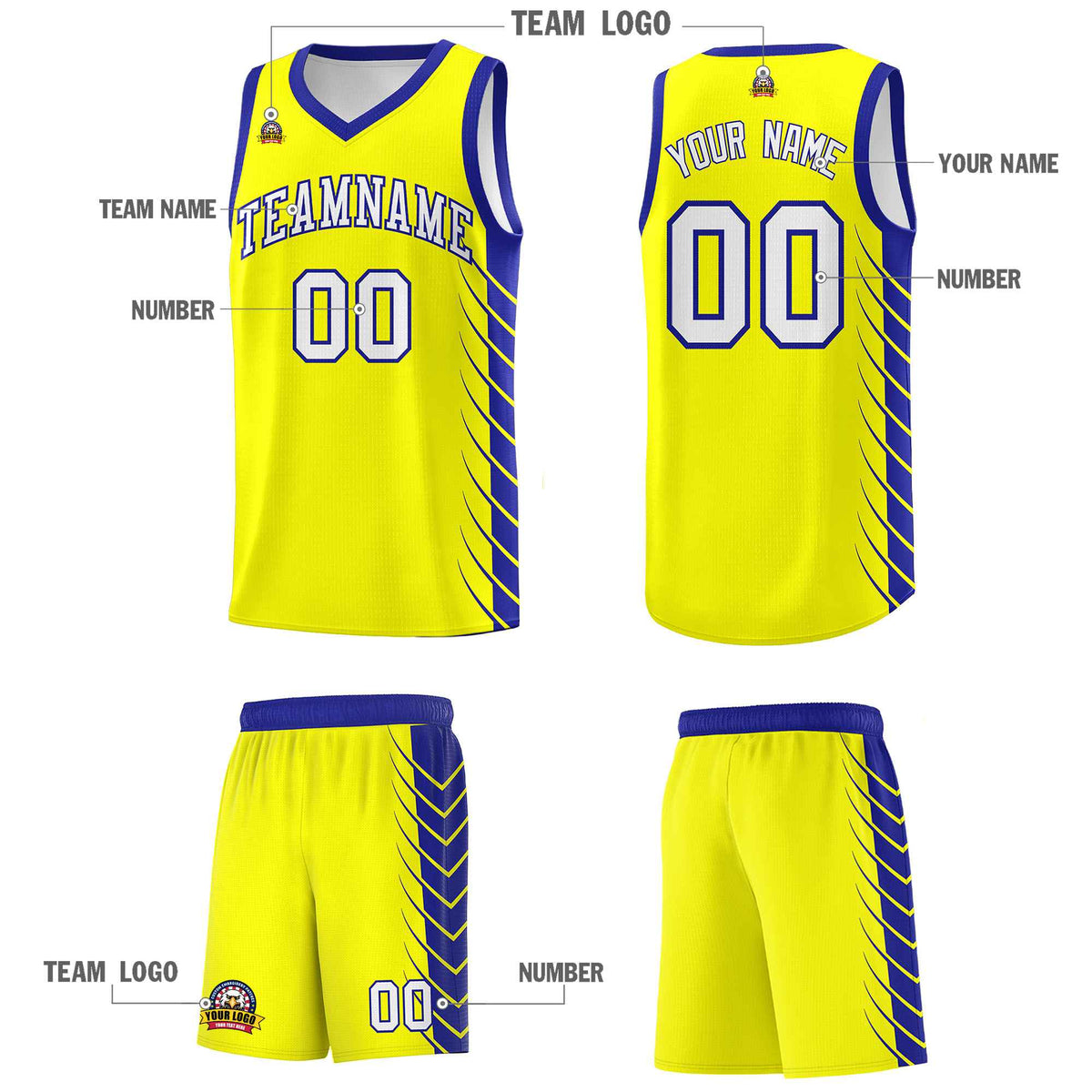 Custom Fluorescent Yellow Royal Personalized Side Symmetrical Line Pattern Sports Uniform Basketball Jersey