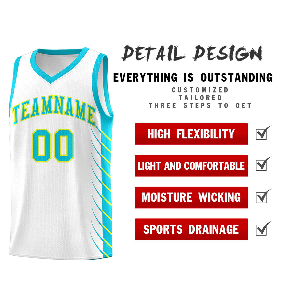 Custom White Sky Blue Personalized Side Symmetrical Line Pattern Sports Uniform Basketball Jersey