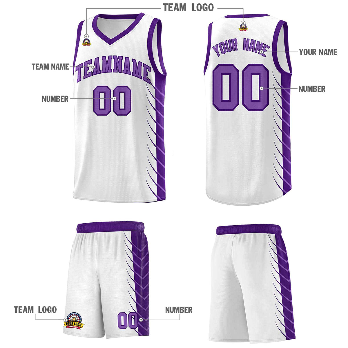 Custom White Purple Personalized Side Symmetrical Line Pattern Sports Uniform Basketball Jersey