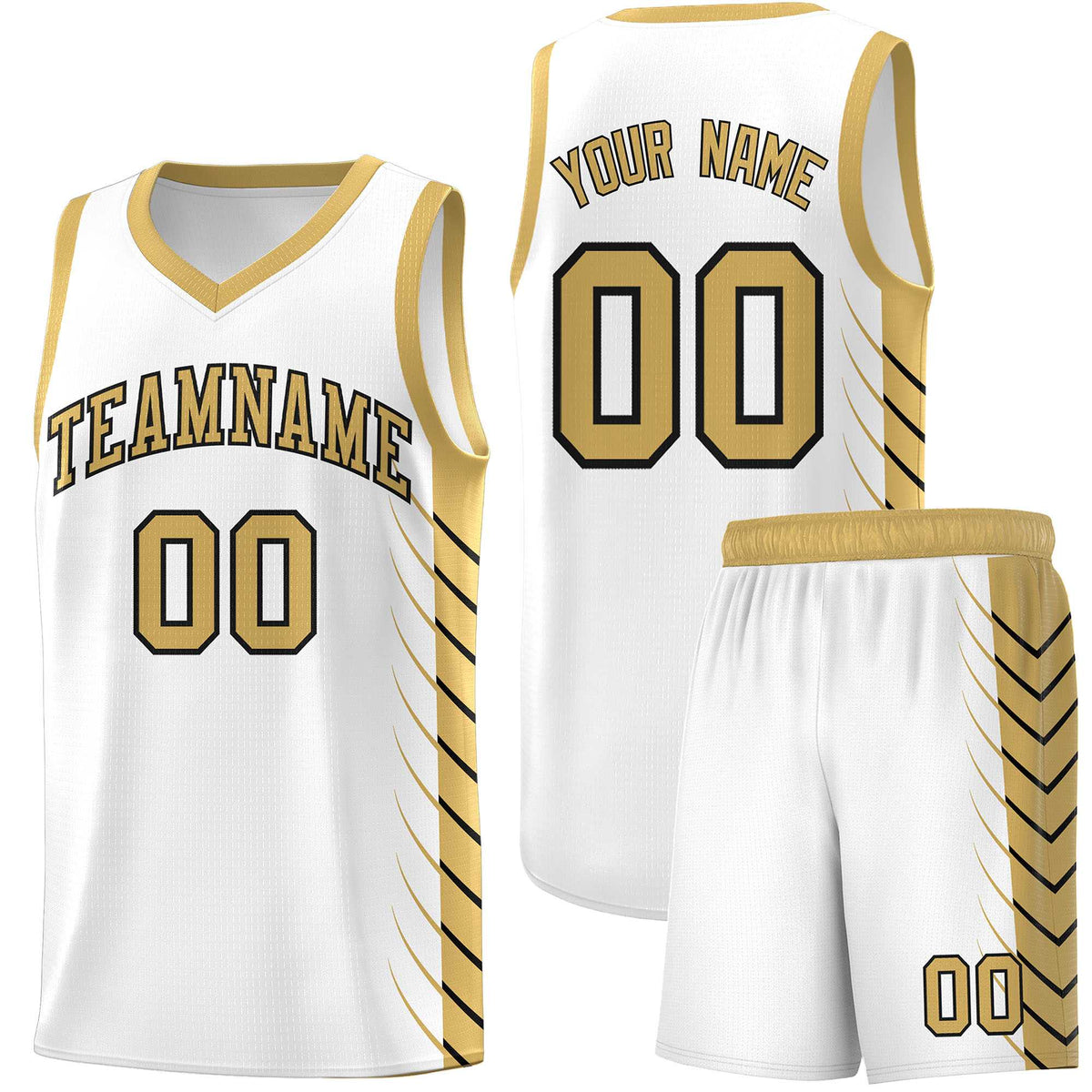 Custom White Old Gold Personalized Side Symmetrical Line Pattern Sports Uniform Basketball Jersey