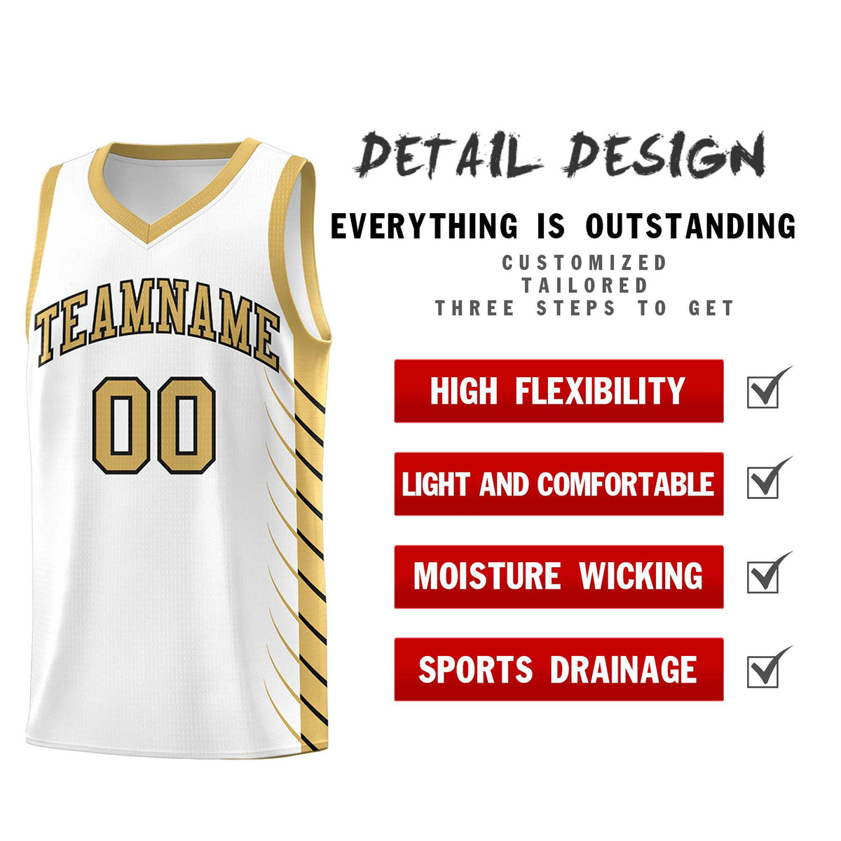 Custom White Old Gold Personalized Side Symmetrical Line Pattern Sports Uniform Basketball Jersey
