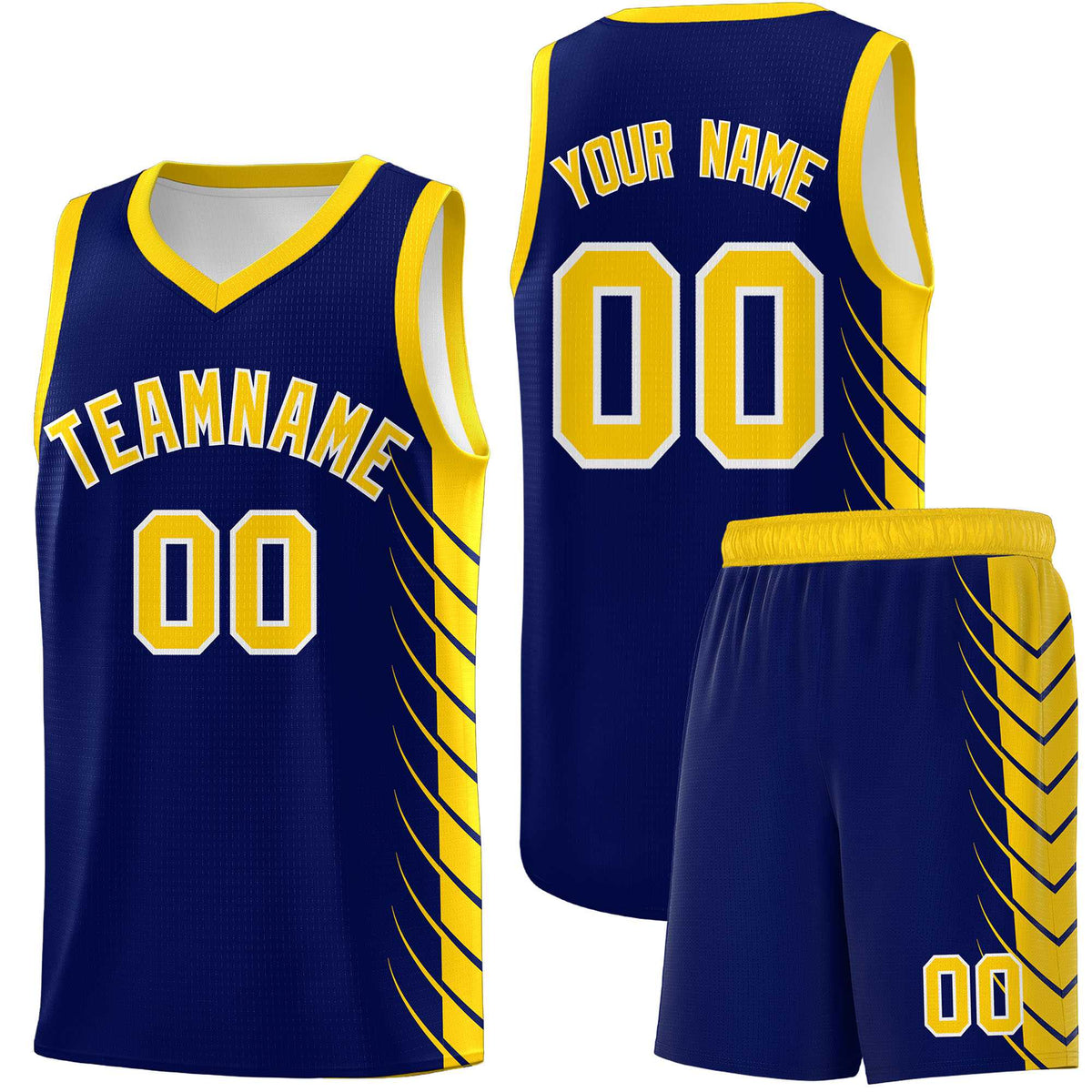 Custom Navy Gold Personalized Side Symmetrical Line Pattern Sports Uniform Basketball Jersey