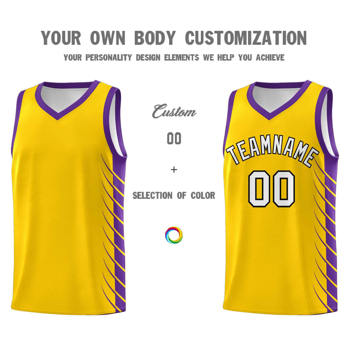 Custom Gold Purple Personalized Side Symmetrical Line Pattern Sports Uniform Basketball Jersey