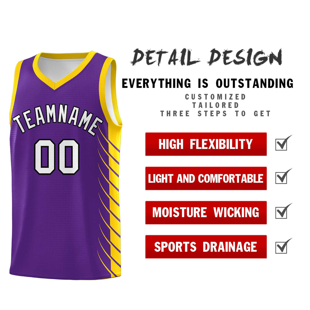 Custom Purple Gold Personalized Side Symmetrical Line Pattern Sports Uniform Basketball Jersey