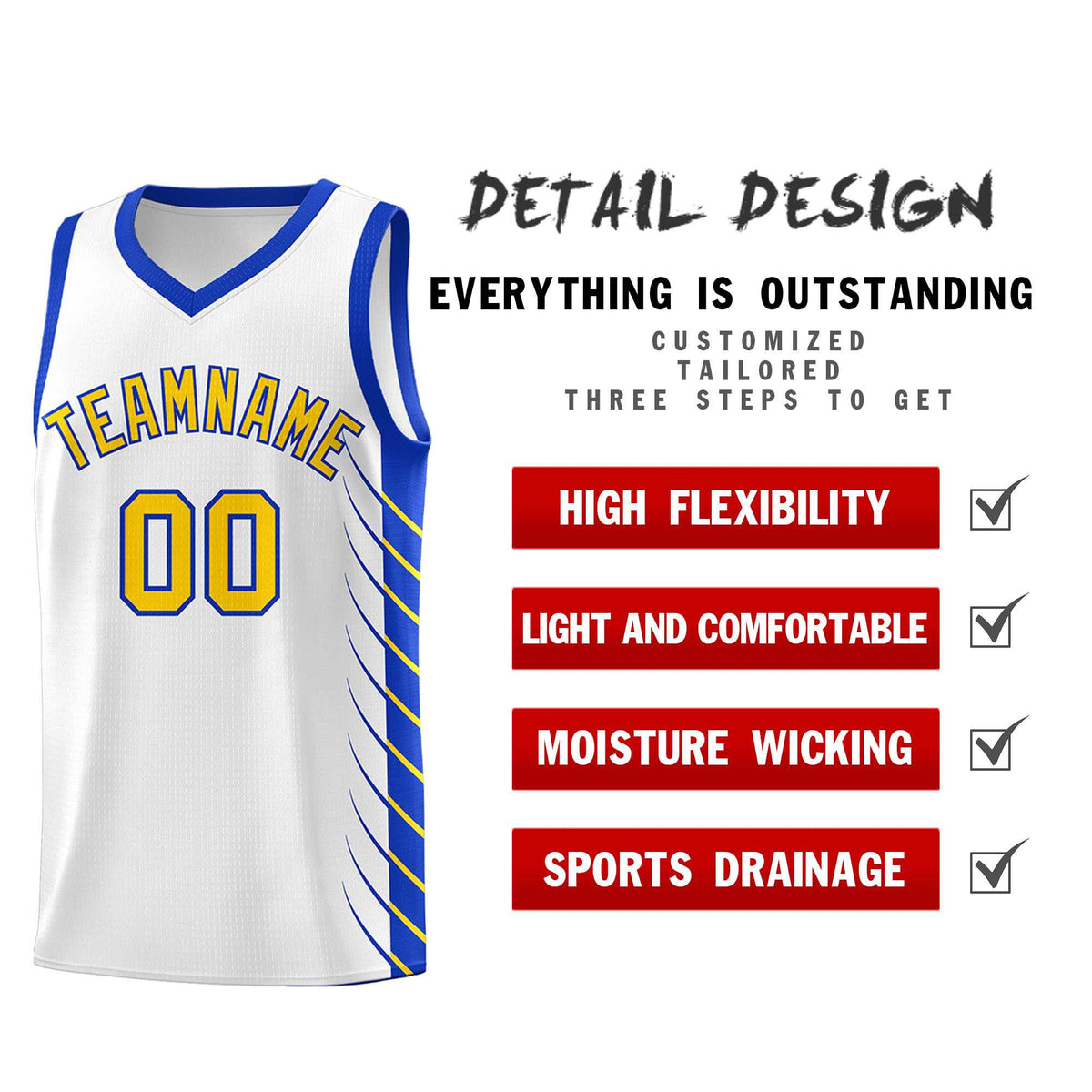 Custom White Royal Personalized Side Symmetrical Line Pattern Sports Uniform Basketball Jersey