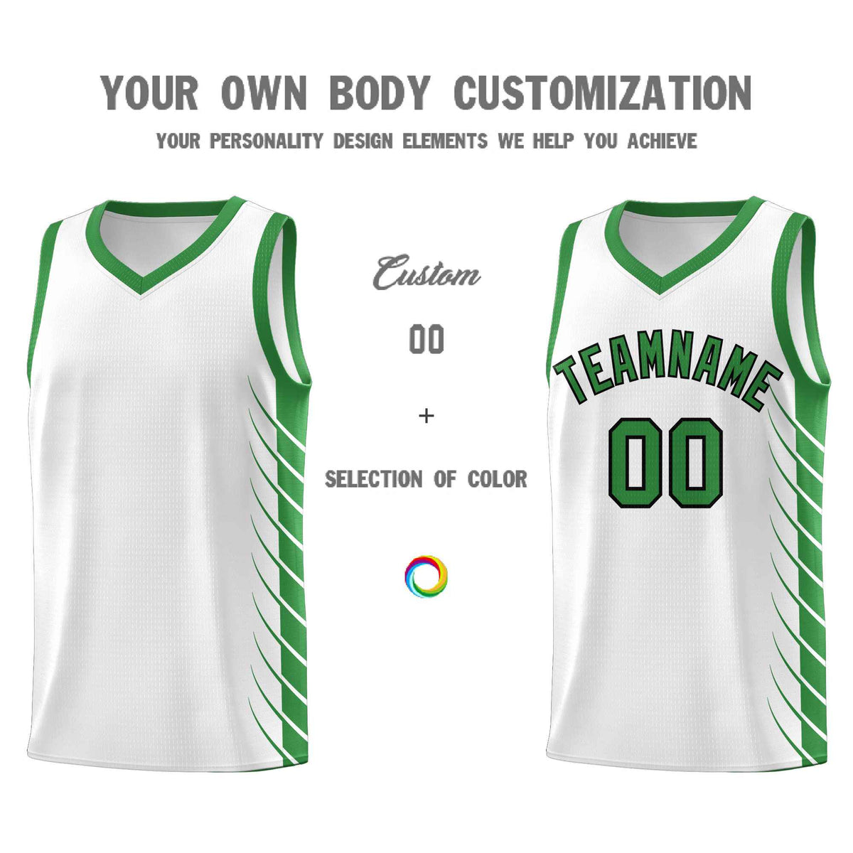 Custom White Kelly Green Personalized Side Symmetrical Line Pattern Sports Uniform Basketball Jersey