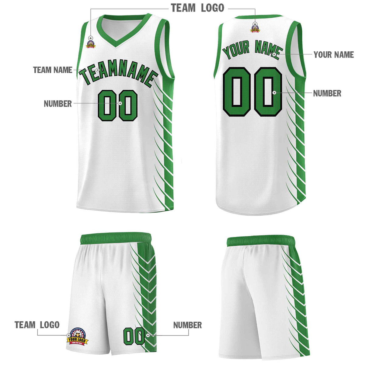 Custom White Kelly Green Personalized Side Symmetrical Line Pattern Sports Uniform Basketball Jersey