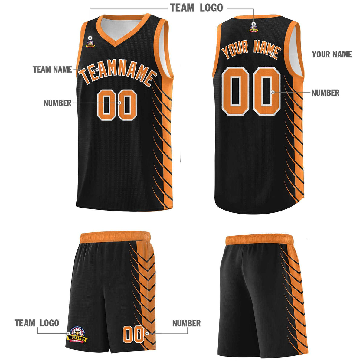 Custom Black Gold Orange Personalized Side Symmetrical Line Pattern Sports Uniform Basketball Jersey
