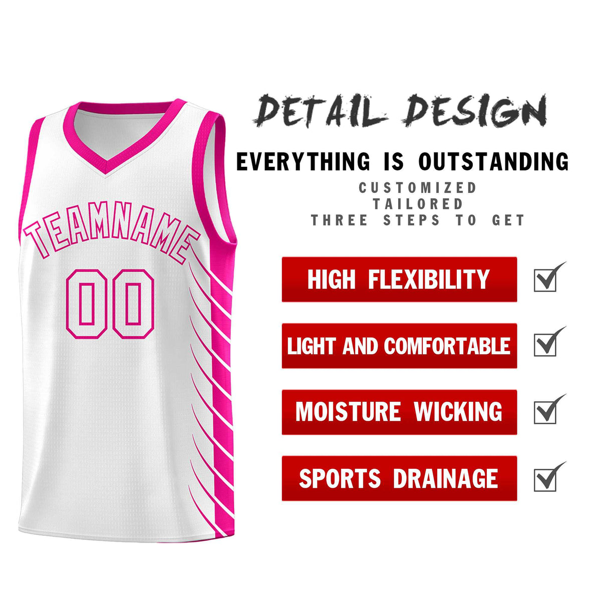 Custom White Pink Personalized Side Symmetrical Line Pattern Sports Uniform Basketball Jersey
