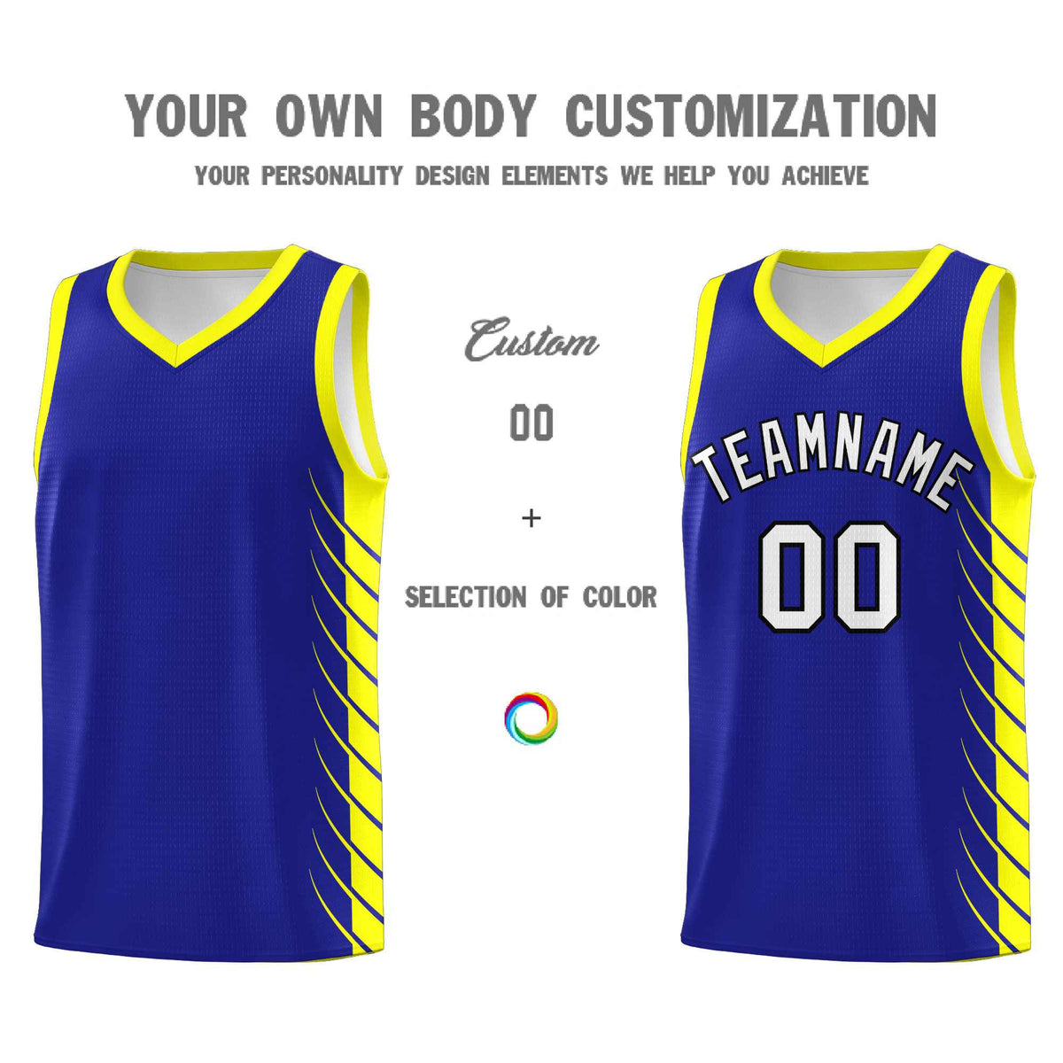 Custom Royal Fluorescent Yellow Personalized Side Symmetrical Line Pattern Sports Uniform Basketball Jersey