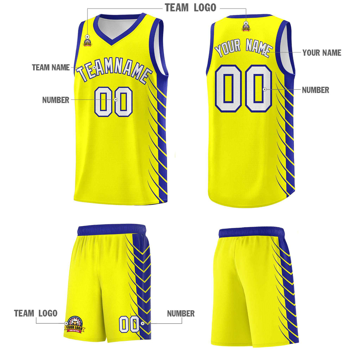 Custom Fluorescent Yellow Royal Personalized Side Symmetrical Line Pattern Sports Uniform Basketball Jersey