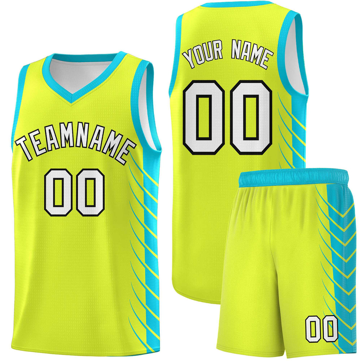 Custom Fluorescent Green Sky Blue Personalized Side Symmetrical Line Pattern Sports Uniform Basketball Jersey