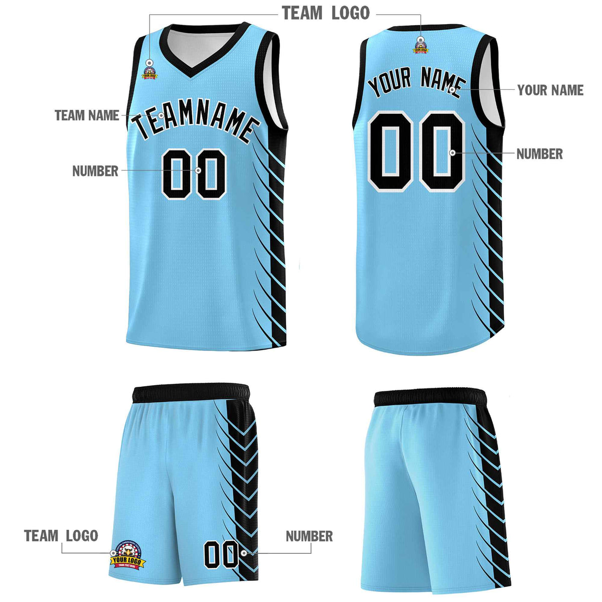 Custom Light Blue Black Personalized Side Symmetrical Line Pattern Sports Uniform Basketball Jersey