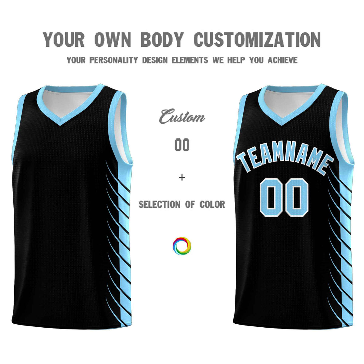 Custom Black Light Blue Personalized Side Symmetrical Line Pattern Sports Uniform Basketball Jersey