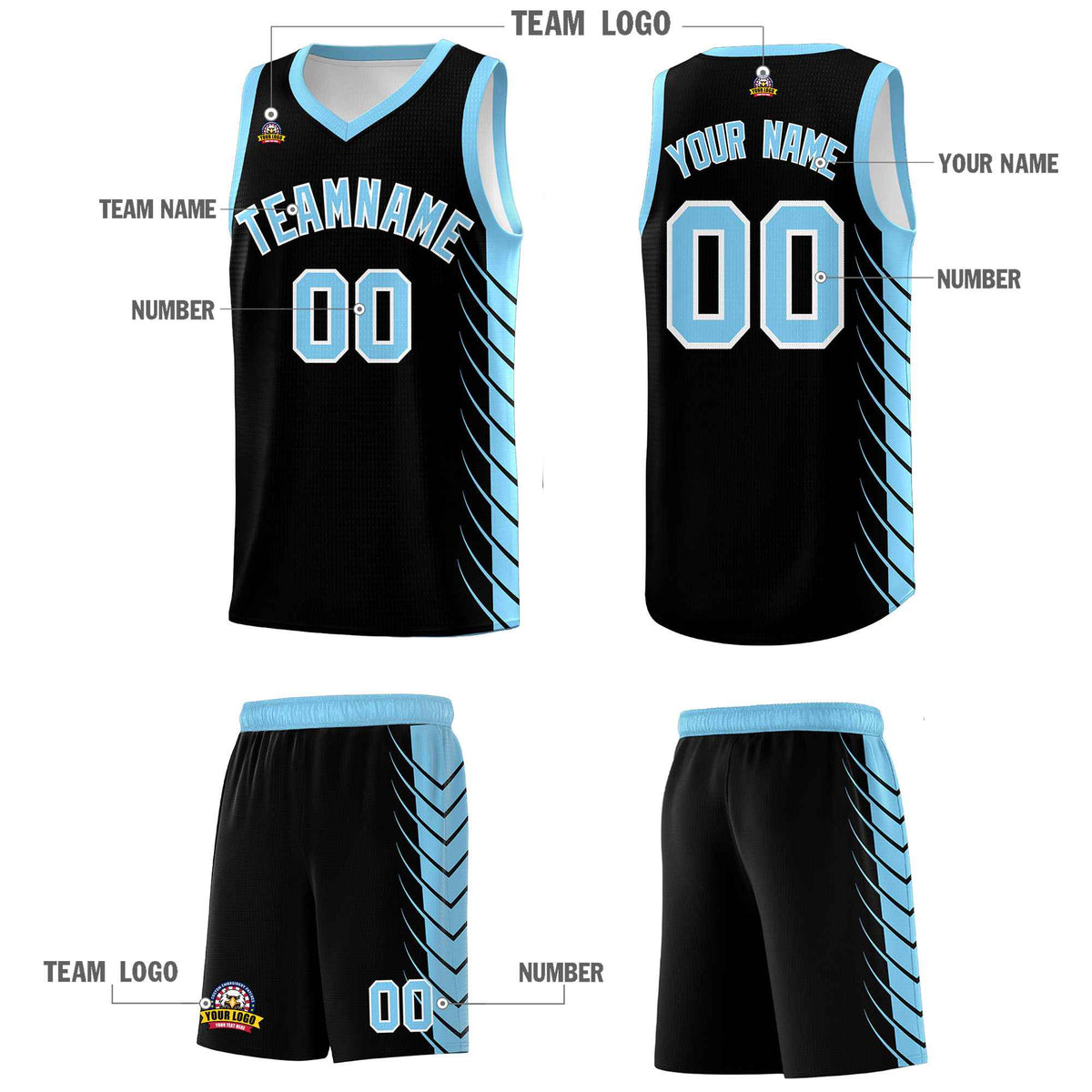 Custom Black Light Blue Personalized Side Symmetrical Line Pattern Sports Uniform Basketball Jersey
