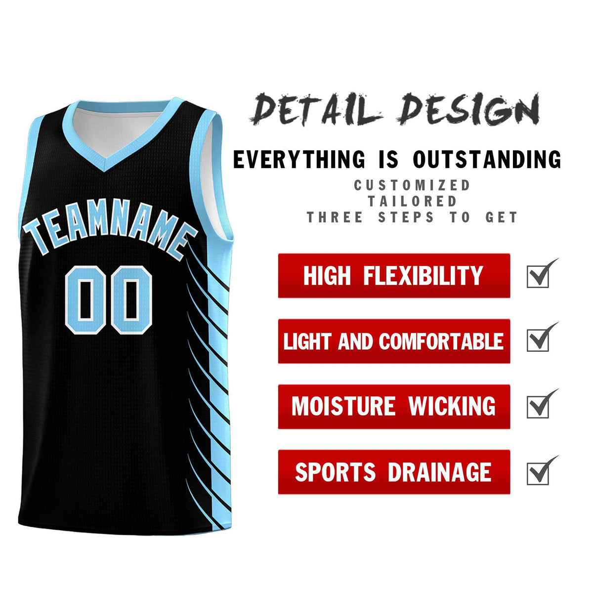 Custom Black Light Blue Personalized Side Symmetrical Line Pattern Sports Uniform Basketball Jersey