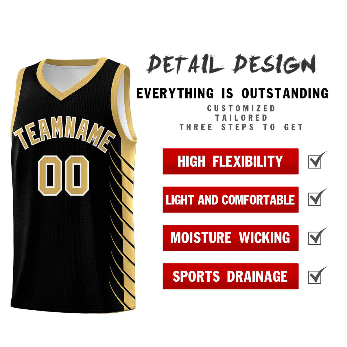 Custom Black Old Gold Personalized Side Symmetrical Line Pattern Sports Uniform Basketball Jersey