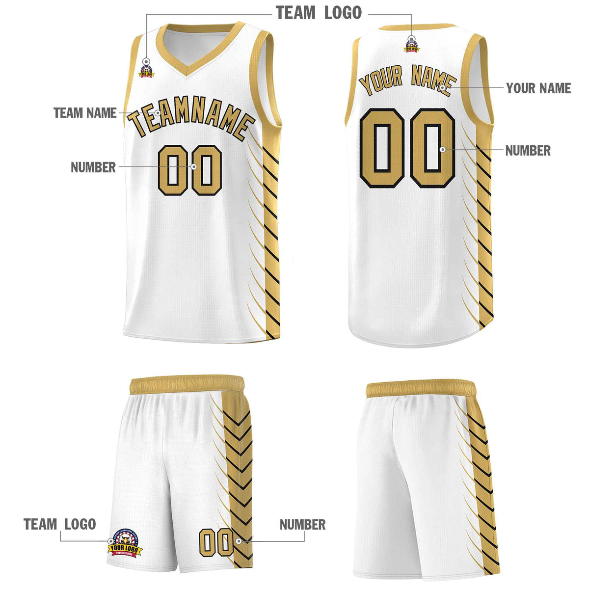 Custom White Old Gold Personalized Side Symmetrical Line Pattern Sports Uniform Basketball Jersey