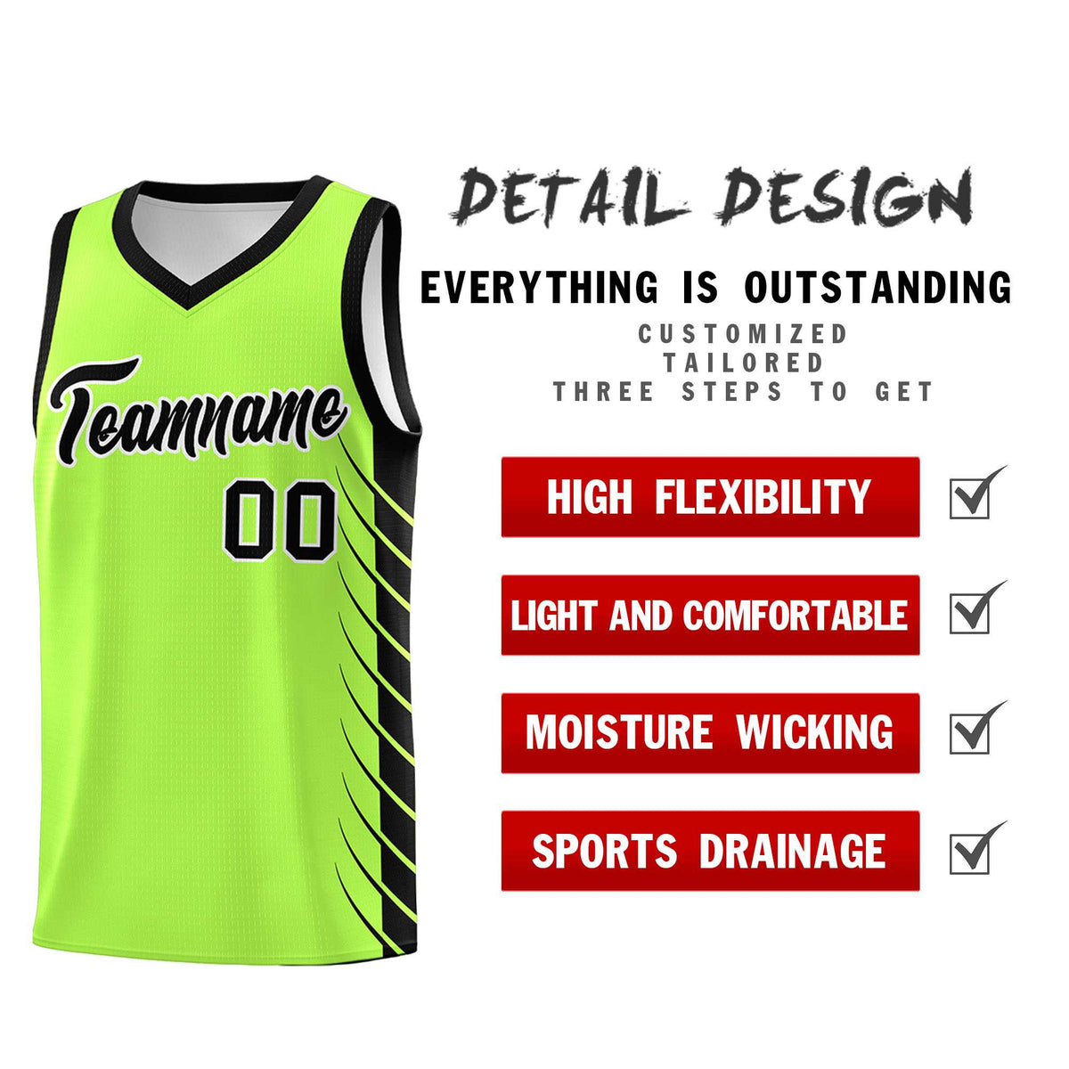 Custom Fluorescent Green Black Personalized Side Symmetrical Line Pattern Sports Uniform Basketball Jersey
