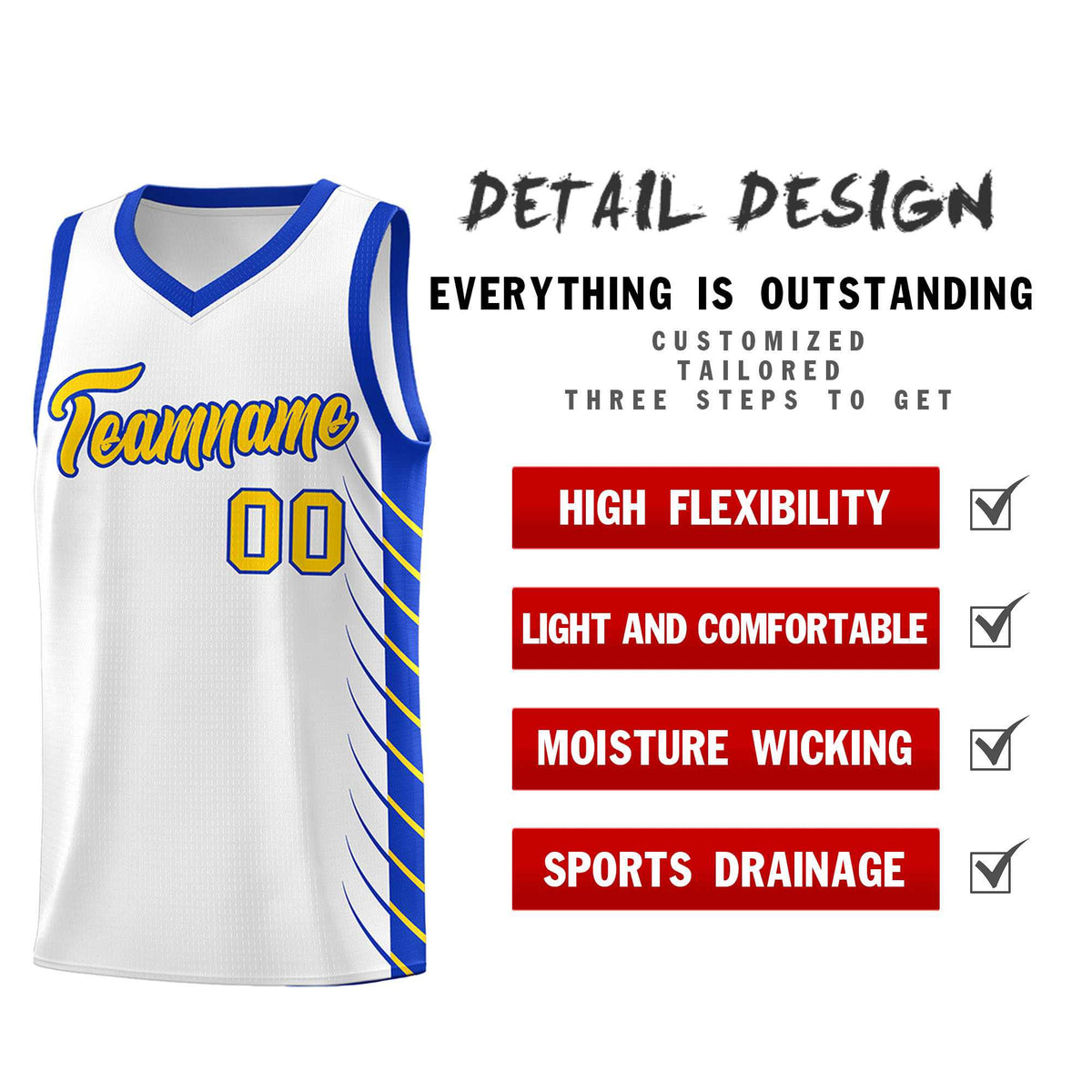 Custom White Royal Personalized Side Symmetrical Line Pattern Sports Uniform Basketball Jersey