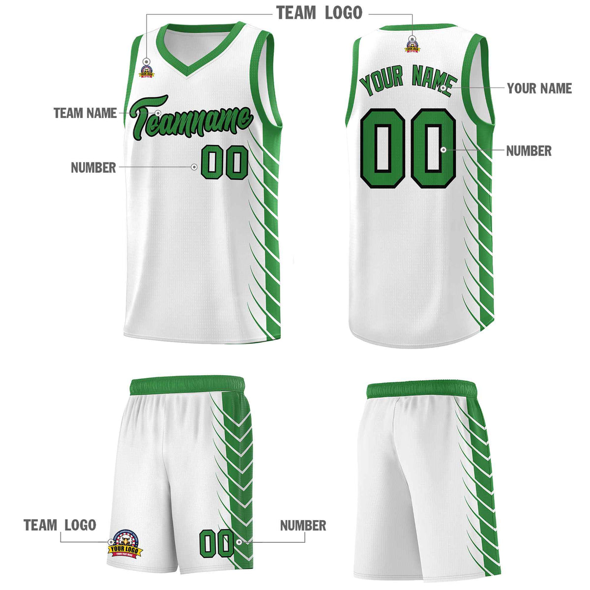 Custom White Kelly Green Personalized Side Symmetrical Line Pattern Sports Uniform Basketball Jersey