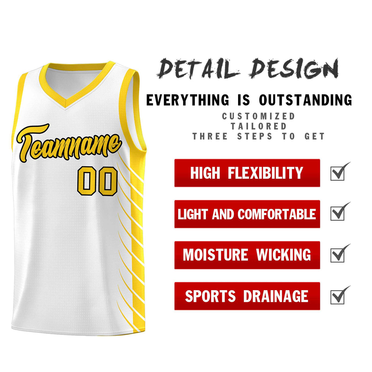 Custom White Gold Personalized Side Symmetrical Line Pattern Sports Uniform Basketball Jersey
