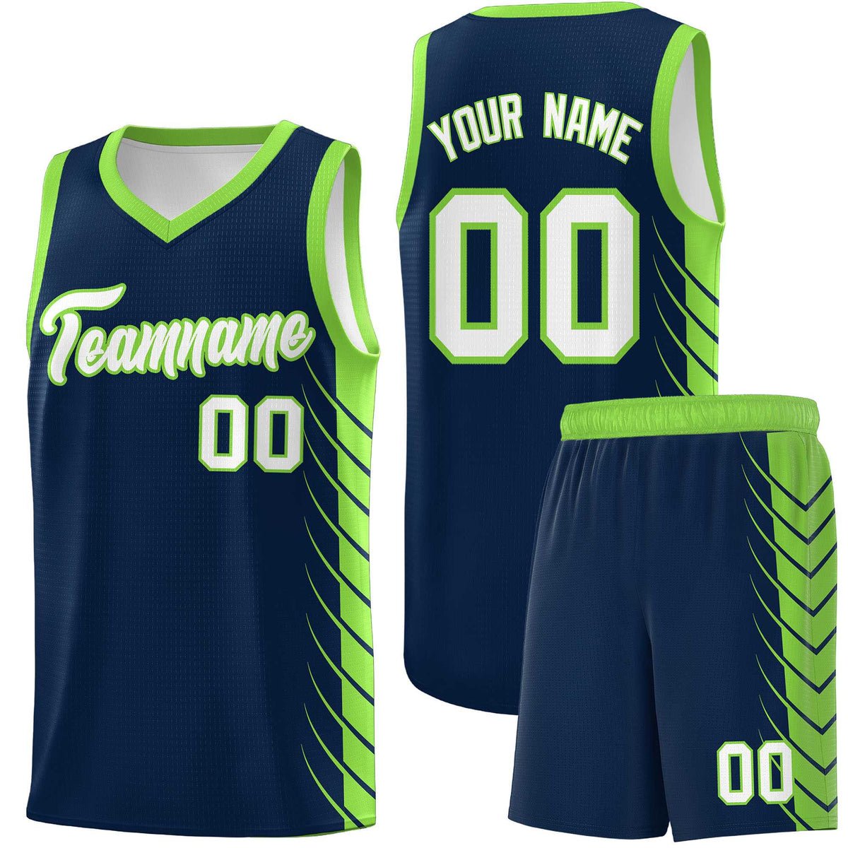Custom Navy Fluorescent Green Personalized Side Symmetrical Line Pattern Sports Uniform Basketball Jersey