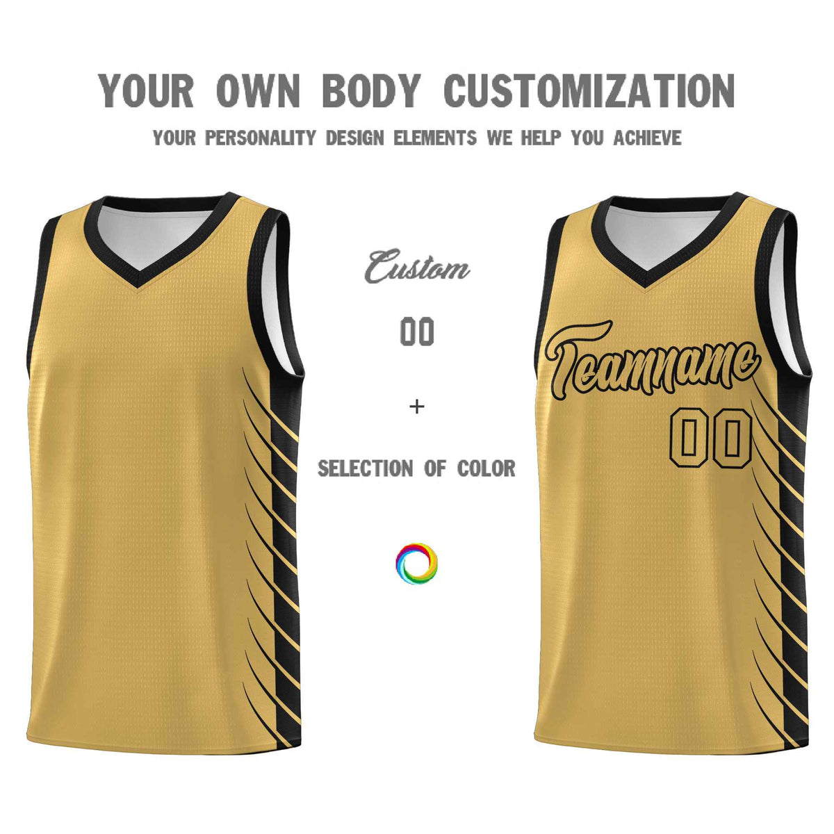 Custom Old Gold Black Personalized Side Symmetrical Line Pattern Sports Uniform Basketball Jersey