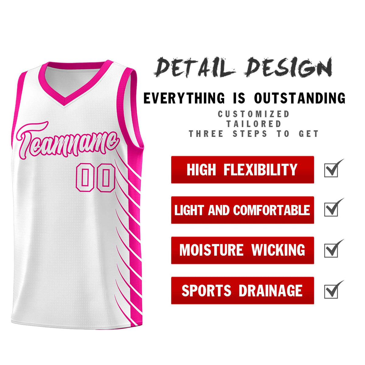 Custom White Pink Personalized Side Symmetrical Line Pattern Sports Uniform Basketball Jersey