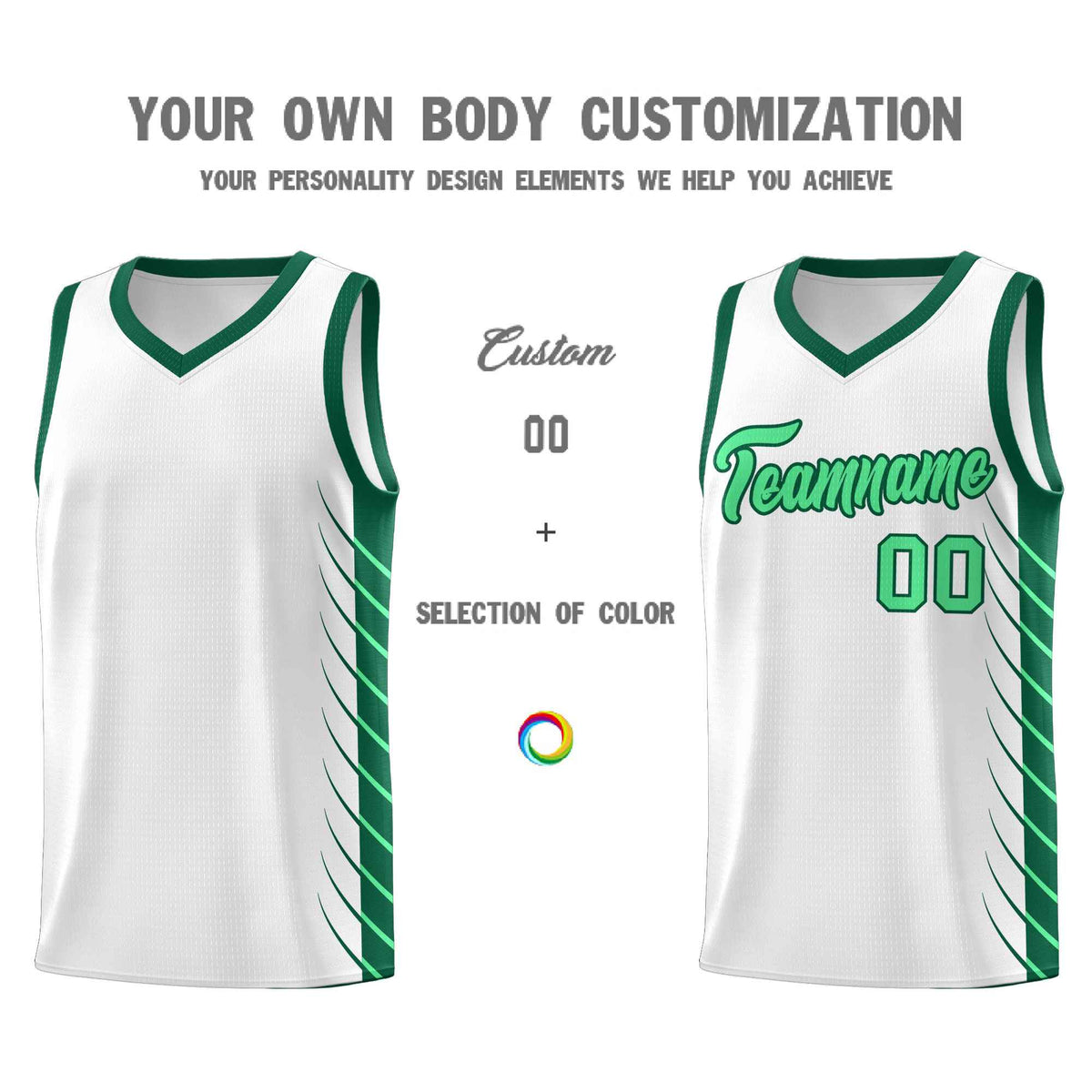 Custom White Kelly Green Personalized Side Symmetrical Line Pattern Sports Uniform Basketball Jersey