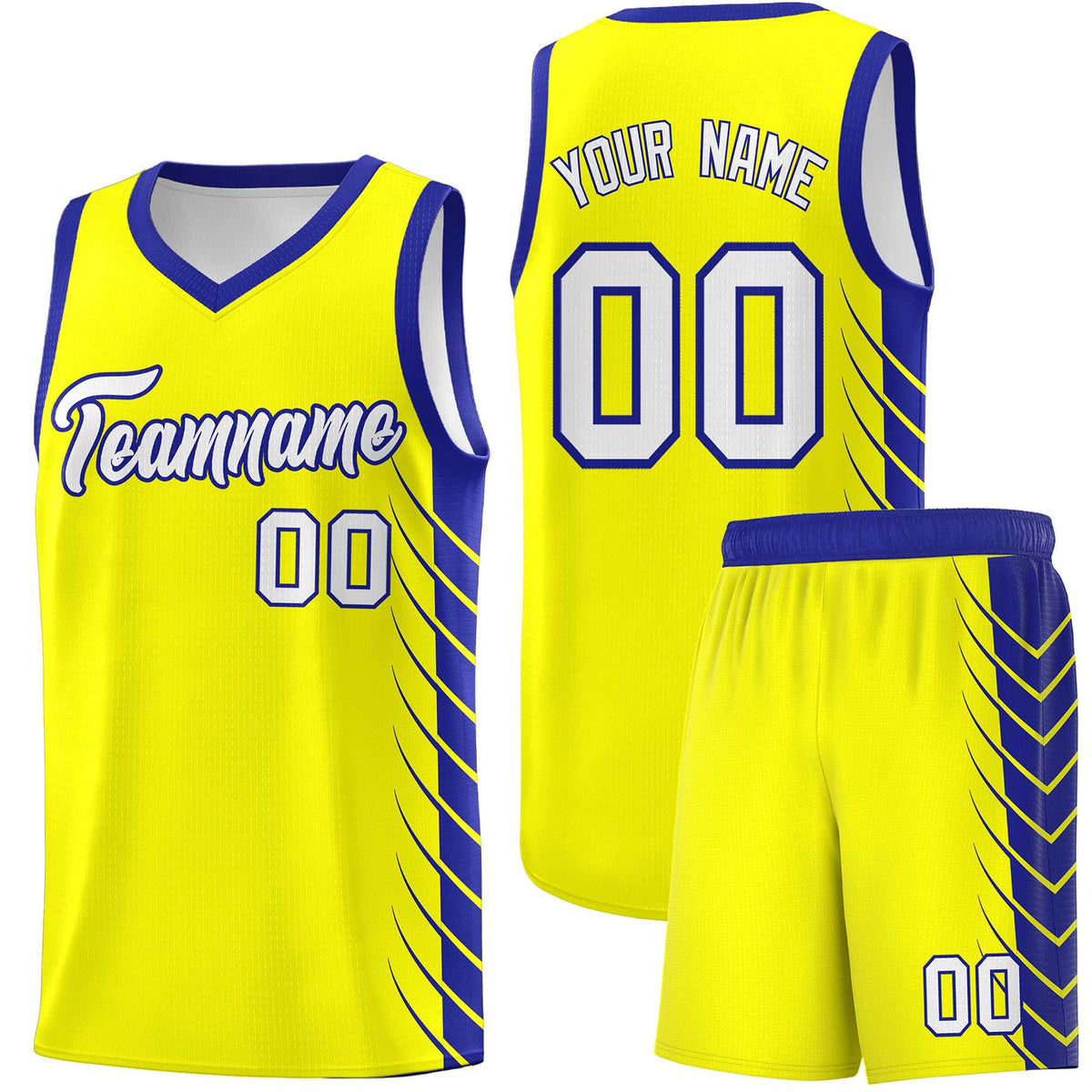 Custom Fluorescent Yellow Royal Personalized Side Symmetrical Line Pattern Sports Uniform Basketball Jersey