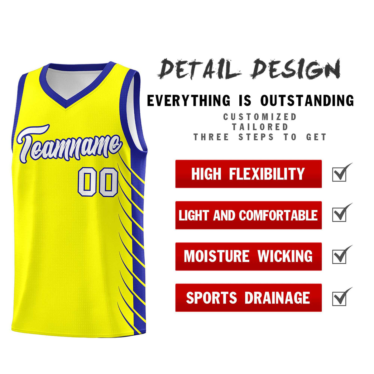 Custom Fluorescent Yellow Royal Personalized Side Symmetrical Line Pattern Sports Uniform Basketball Jersey