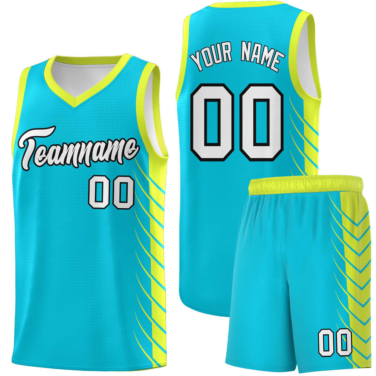 Custom Sky Blue Fluorescent Green Personalized Side Symmetrical Line Pattern Sports Uniform Basketball Jersey
