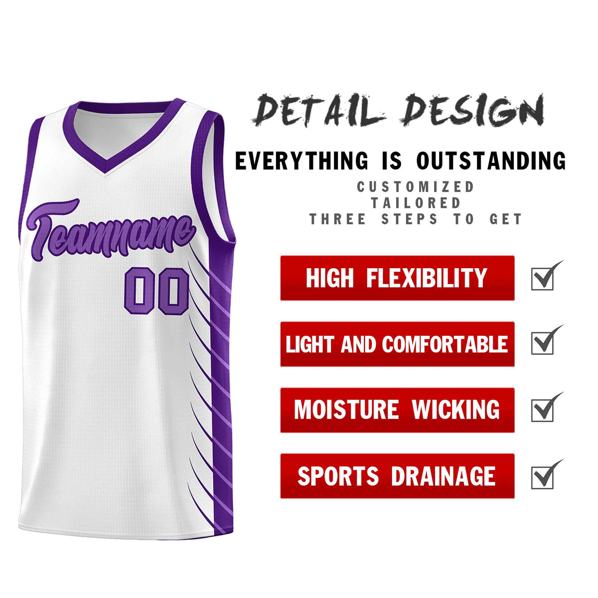 Custom White Purple Personalized Side Symmetrical Line Pattern Sports Uniform Basketball Jersey