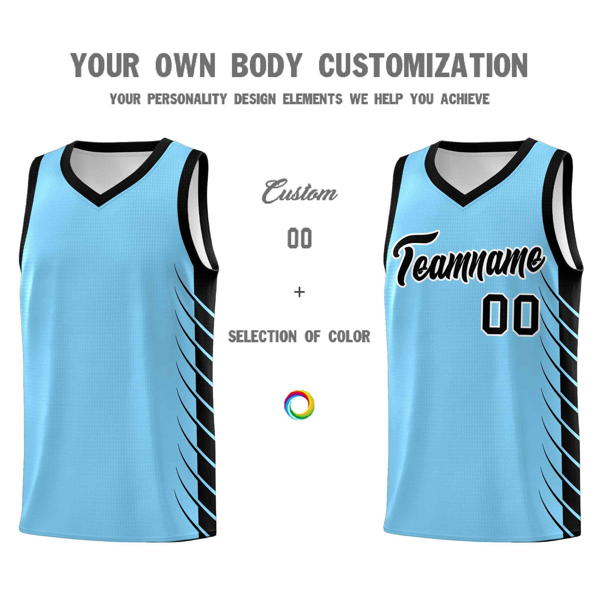 Custom Light Blue Black Personalized Side Symmetrical Line Pattern Sports Uniform Basketball Jersey