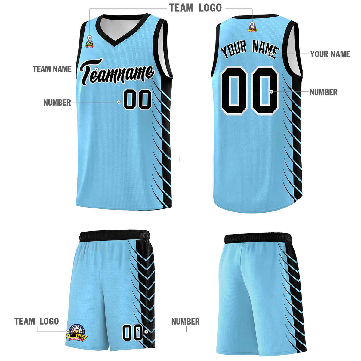Custom Light Blue Black Personalized Side Symmetrical Line Pattern Sports Uniform Basketball Jersey