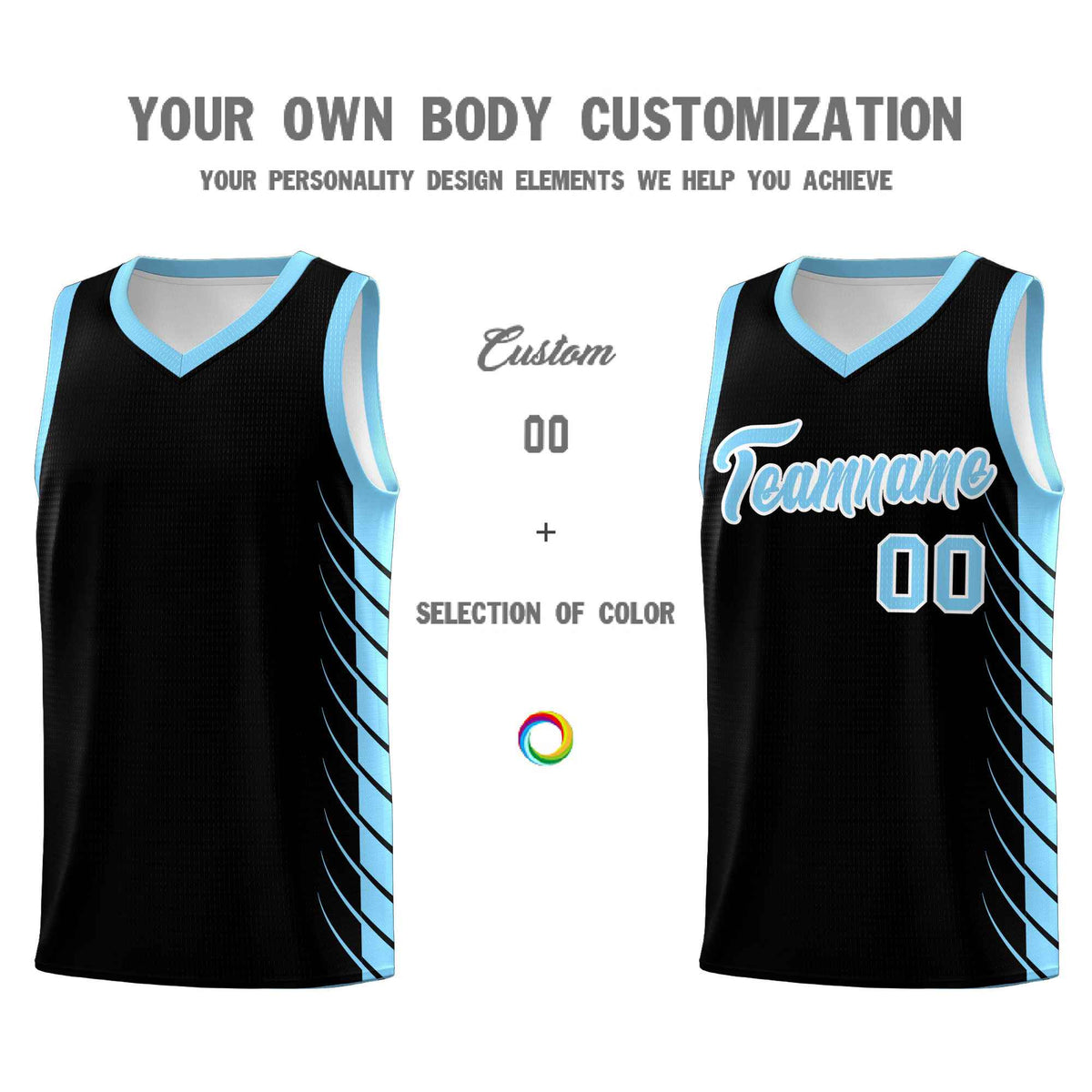 Custom Black Light Blue Personalized Side Symmetrical Line Pattern Sports Uniform Basketball Jersey