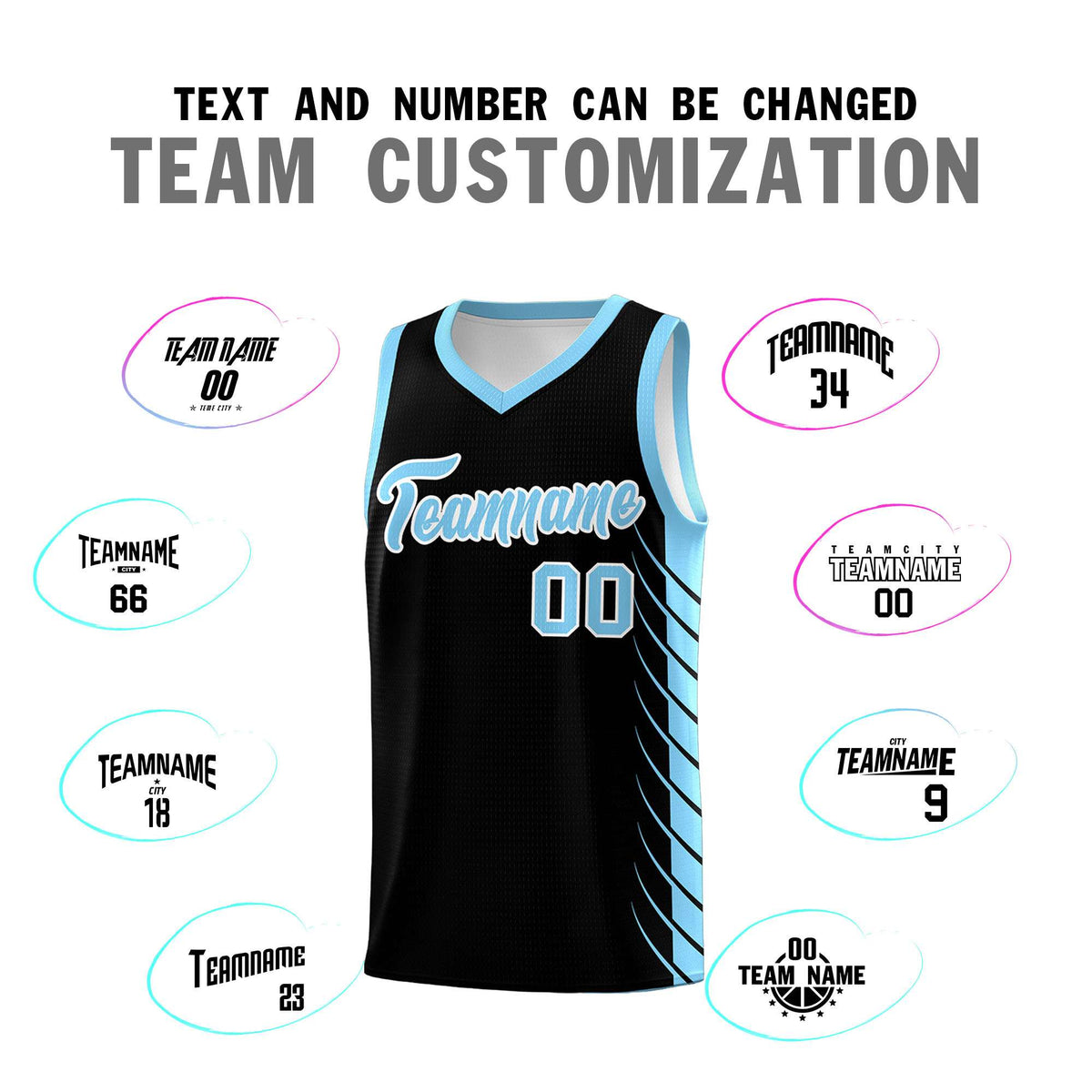 Custom Black Light Blue Personalized Side Symmetrical Line Pattern Sports Uniform Basketball Jersey