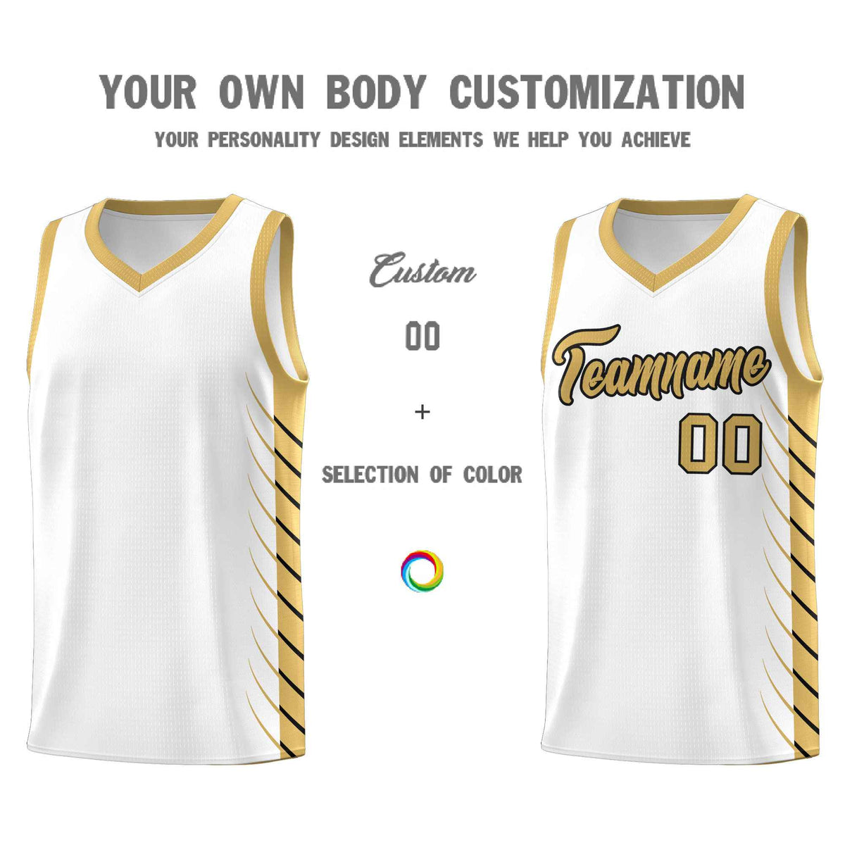 Custom White Old Gold Personalized Side Symmetrical Line Pattern Sports Uniform Basketball Jersey