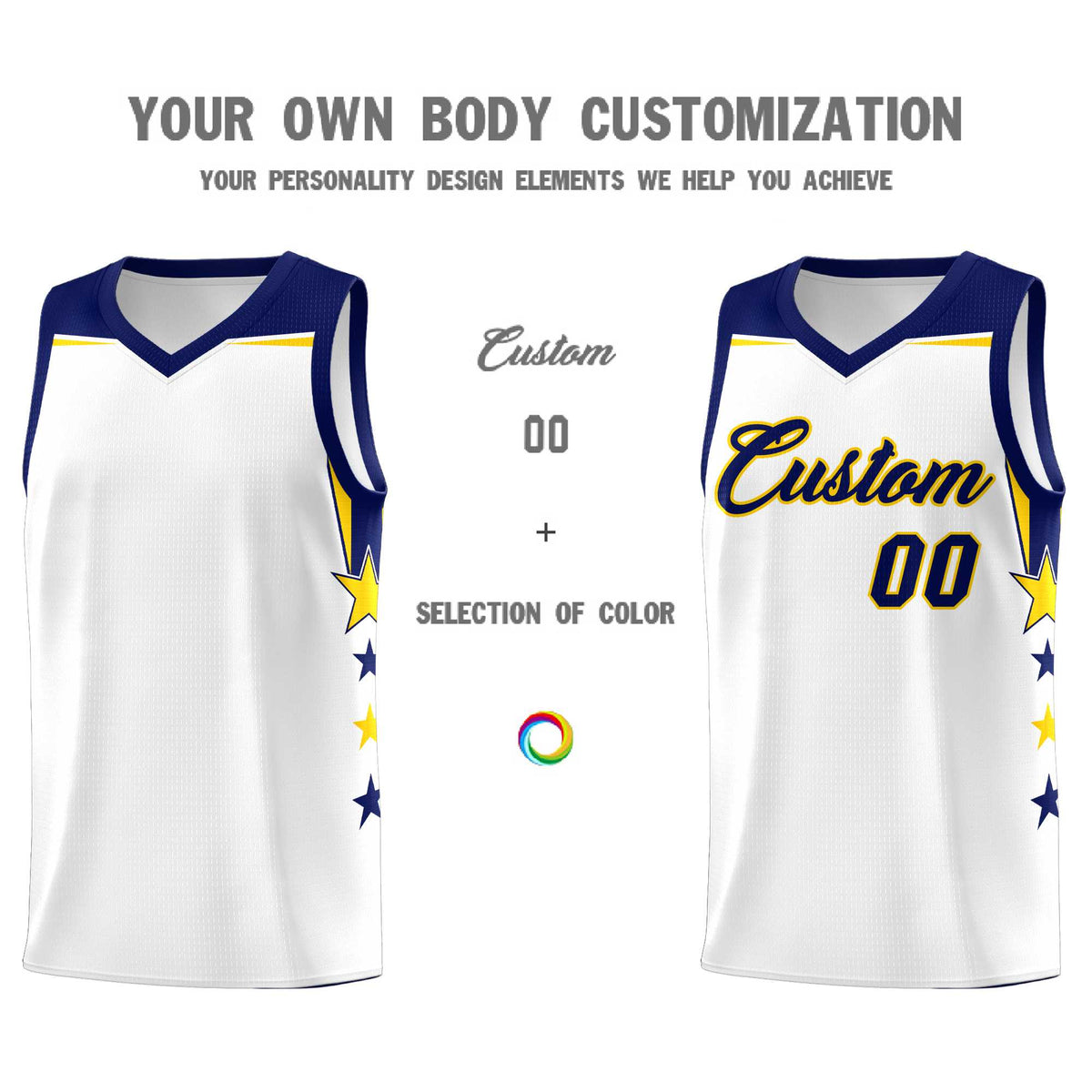 Custom Youth Basketball Uniform White Navy Two Tone Side Star Personalized Team Jersey