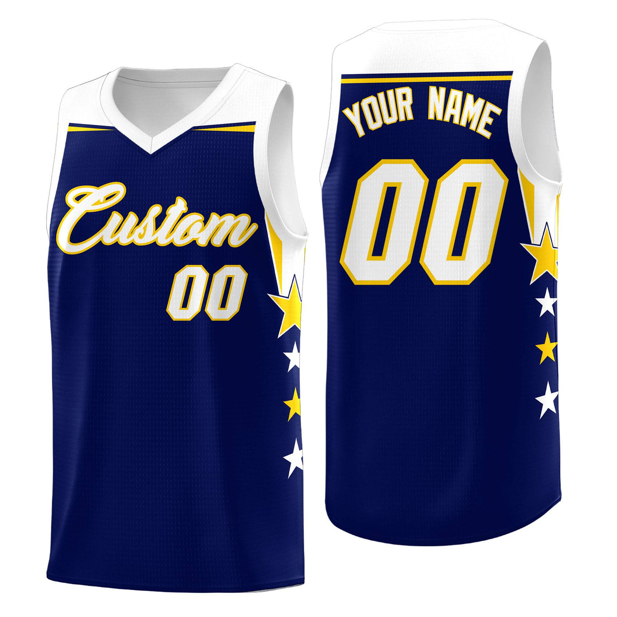 Custom Youth Basketball Uniform Navy White Two Tone Side Star Add Name Number &amp; Logo