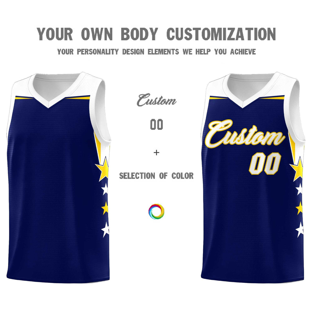 Custom Youth Basketball Uniform Navy White Two Tone Side Star Add Name Number &amp; Logo